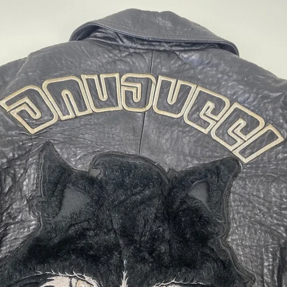 VTG DAVNUCCI Mens Black Genuine Leather Bomber Jacket PatchesXL Can fit 2XL